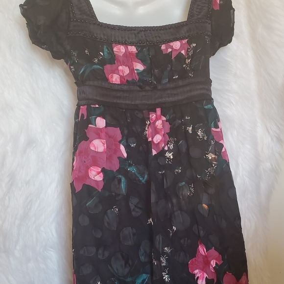BCBG Maxazria Black Floral Puff-Sleeve Babydoll Dress - Size XS, 2 - Picture 4 of 6